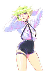 Rule 34 | 1boy, androgynous, arms behind back, bae (baebae), frilled shirt, frilled shirt collar, frills, green hair, harness, highres, leg belt, lio fotia, male focus, open mouth, promare, purple eyes, shirt, short hair, short shorts, shorts, solo