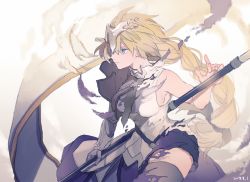 Rule 34 | 1girl, armor, blonde hair, blue eyes, braid, breasts, closed mouth, dated, fate/apocrypha, fate (series), faulds, from side, hatutaro, jeanne d&#039;arc (fate), jeanne d&#039;arc (girl from orleans) (fate), jeanne d&#039;arc (ruler) (fate), long hair, medium breasts, single braid, solo, standard bearer, standing, thighhighs