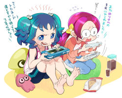 Rule 34 | 10s, 2girls, alternate hairstyle, barefoot, bike shorts, blue eyes, blue hair, character doll, controller, feet, game console, game controller, glasses, hair bobbles, hair ornament, hanasaki tsubomi, handheld game console, heartcatch precure!, inkling, inkling player character, kurumi erika, long hair, moudoku (decopon3rd), multiple girls, nintendo, pink hair, playing games, playstation portable, precure, short hair, simple background, sitting, soles, splatoon (series), splatoon 1, tablet, toes, translated, twintails, wii u