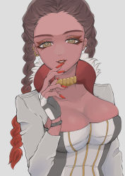 Rule 34 | 1girl, absurdres, animification, apex legends, bracelet, braid, breasts, brown hair, cleavage, cropped jacket, dark-skinned female, dark skin, fingerless gloves, gloves, gold choker, gradient hair, grey background, highres, jacket, jewelry, loba (apex legends), looking at viewer, medium breasts, multicolored hair, nail polish, parted lips, red hair, red nails, smile, solo, twin braids, white gloves, white jacket, zariko