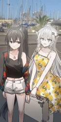 Rule 34 | 2girls, :d, absurdres, arknights, bad id, bad pixiv id, bare arms, bare shoulders, black camisole, black hair, blue eyes, blue shirt, blurry, blurry background, camisole, chihuri, day, depth of field, dress, feet out of frame, floral print, grey hair, hair between eyes, highres, holding, lappland (arknights), lemon print, long hair, multiple girls, navel, off shoulder, open clothes, open mouth, open shirt, outdoors, ponytail, print dress, print shirt, scar, scar across eye, scar on face, shirt, short shorts, shorts, sleeveless, sleeveless dress, smile, standing, suitcase, texas (arknights), very long hair, white dress, white shorts