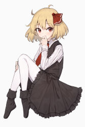 Rule 34 | 1girl, black dress, blonde hair, blush, dress, hair ribbon, highres, legs folded, long sleeves, looking at viewer, looking to the side, necktie, pantyhose, red necktie, ribbon, rumia, shirt, shone, short hair, simple background, sleeveless, sleeveless dress, smile, solo, touhou, white pantyhose, white shirt