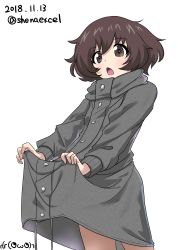 Rule 34 | 10s, 1girl, absurdres, akiyama yukari, artist logo, coat, coat lift, commentary request, dated, frown, girls und panzer, grey coat, highres, lifted by self, long sleeves, looking at viewer, one-hour drawing challenge, open mouth, shiina excel, short hair, simple background, solo, standing, twitter username, white background