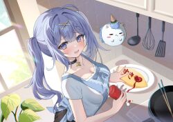 Rule 34 | 1girl, apron, back bow, black choker, black skirt, blue apron, blue shirt, blush, bottle, bow, braid, breasts, choker, chopsticks, cleavage, collarbone, etesumsom, food, frying pan, grey hair, hair ornament, heart, highres, holding, holding bottle, indie virtual youtuber, ketchup, ketchup bottle, ladle, medium breasts, mole, mole under eye, motion lines, omelet, omurice, open mouth, plant, plate, purple eyes, second-party source, shirt, skirt, spatula, star (symbol), star choker, tile wall, tiles, twintails, virtual youtuber, whisk, window, x hair ornament, yunico (vtuber)