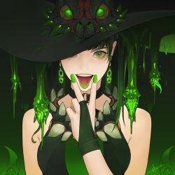 Rule 34 | 1girl, bare shoulders, black dress, black hat, breasts, daeho cha, dress, earrings, glowing, glowing eyes, green eyes, green hat, green nails, green theme, hand up, hat, highres, jewelry, large breasts, looking at viewer, nail polish, original, slime (substance), smile, solo, teeth, tongue, tongue out, upper body, upper teeth only, v over mouth, witch hat