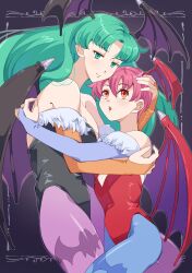 2girls bat_wings bridal_gauntlets darkstalkers demon_girl drdr_ao_midoro green_hair head_wings highres hug leotard lilith_(darkstalkers) long_hair looking_at_viewer morrigan_aensland multiple_girls pink_hair short_hair wings