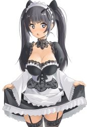 Rule 34 | 1girl, animal ears, apron, black hair, black ribbon, black thighhighs, blush, breasts, cat ears, cleavage, collar, collarbone, cowboy shot, cross-laced clothes, eyes visible through hair, frills, furuyama itaru, garter straps, grey eyes, hair between eyes, hair ornament, headdress, holding, holding clothes, holding skirt, lace, large breasts, long hair, long sleeves, looking at viewer, maid, maid apron, maid headdress, open mouth, original, puffy sleeves, ribbon, simple background, skirt, skirt hold, solo, sweat, teeth, thighhighs, white background, wide sleeves