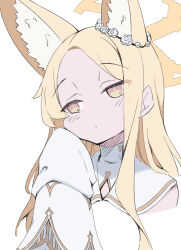 Rule 34 | 1girl, amakara surume, animal ear fluff, animal ears, blonde hair, blue archive, blush, closed mouth, commentary, detached sleeves, dress, expressionless, fox ears, halo, highres, long hair, seia (blue archive), simple background, sleeves past fingers, sleeves past wrists, solo, upper body, white background, white dress, white sleeves, yellow eyes, yellow halo