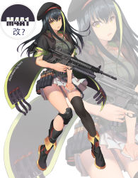 Rule 34 | 1girl, absurdres, alternate costume, artist name, assault rifle, asymmetrical legwear, beret, black coat, black footwear, black hair, black hat, black thighhighs, blush, boots, buckle, character name, coat, commentary request, girls&#039; frontline, green eyes, green hair, grenade launcher, gun, hat, henz, highres, holding, holding clothes, holding skirt, knee pads, long hair, looking at viewer, m4 carbine, m4a1 (girls&#039; frontline), magazine (weapon), multicolored hair, open mouth, pleated skirt, pouch, ribbed sweater, rifle, sidelocks, single thighhigh, skirt, sleeveless, sleeveless turtleneck, solo, strap, streaked hair, sweater, thighhighs, trigger discipline, turtleneck, uneven legwear, weapon, white background, white skirt, zoom layer