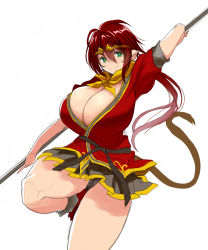 Rule 34 | 1girl, breasts, cleavage, curvy, female focus, green eyes, highres, huge breasts, kloah, long hair, panties, pantyshot, red hair, simple background, skirt, smile, solo, staff, sun wukong, tail, thick thighs, thighs, underwear, white background