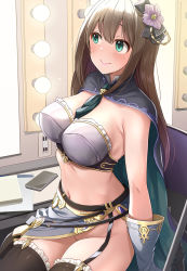 Rule 34 | 1girl, armor, bikini armor, black bow, black cape, black gloves, black thighhighs, blush, boobplate, book, bow, breastplate, breasts, brown hair, cape, cellphone, chair, cleavage, cowboy shot, flower, folding chair, garter belt, gloves, granblue fantasy, green cape, green eyes, grey gloves, grey skirt, groin, hair between eyes, hair bow, hair flower, hair ornament, highres, idolmaster, idolmaster cinderella girls, indoors, large breasts, long hair, looking away, mirror, mk (mod0), navel, nervous smile, no panties, phone, shibuya rin, sidelocks, sitting, skirt, smartphone, smile, solo, stomach, thighhighs, two-tone cape