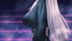 Rule 34 | 1girl, black dress, blue archive, blurry, breasts, commentary, depth of field, dress, from side, grey hair, highres, junu (jwoo5627), large breasts, long hair, long sleeves, out of frame, profile, revision, shiroko (blue archive), shiroko terror (blue archive), sideboob, sidelocks, simple background, solo