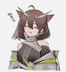 Rule 34 | 1girl, absurdres, ahoge, arknights, bare shoulders, black dress, closed eyes, cropped torso, dress, drooling, feather hair, grey jacket, head tilt, highres, jacket, open mouth, owl ears, owl girl, silence (arknights), silence the paradigmatic (arknights), simple background, sketch, sleeping, solo, wawamachi (wawamachis), white background, zzz