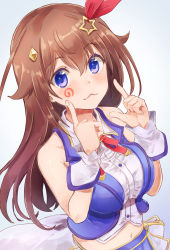 Rule 34 | 1girl, :3, blue background, blue eyes, blue skirt, blue vest, blush, breasts, brown hair, closed mouth, collared shirt, commentary, cropped shirt, english commentary, facepaint, gradient background, hair between eyes, hair ornament, hair ribbon, highres, hololive, index finger raised, long hair, looking at viewer, medium breasts, midriff, navel, neck ribbon, red ribbon, ribbon, shirt, simple background, skirt, sleeveless, sleeveless shirt, smile, solo, star (symbol), star hair ornament, symbol-only commentary, tokino sora, tokino sora (1st costume), two-tone background, upper body, vest, virtual youtuber, white background, white shirt, wrist cuffs, yohane