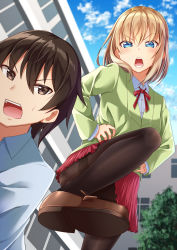 Rule 34 | 1boy, 1girl, :o, black pantyhose, blonde hair, blue eyes, brown footwear, brown hair, building, cover, cover page, day, gurande (g-size), hands on own hips, highres, novel cover, official art, outdoors, pantyhose, red skirt, school uniform, short hair, shouting, skirt, thighband pantyhose