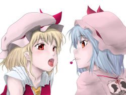 Rule 34 | 2girls, bad id, bad pixiv id, blonde hair, blue hair, cherry, face, fangs, female focus, flandre scarlet, food, fruit, hat, lezt, mouth hold, multiple girls, open mouth, orange eyes, pointy ears, profile, red eyes, remilia scarlet, siblings, sisters, touhou