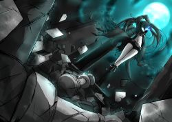 Rule 34 | 10s, 1girl, absurdres, aqua eyes, black hair, black rock shooter, black rock shooter (character), boots, chess piece, cloud, dutch angle, female focus, full body, glowing, glowing eyes, highres, long hair, moon, navel, night, night sky, outdoors, scar, shorts, sky, solo, tan (carbon), tearing clothes, torn clothes, twintails, very long hair