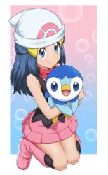 Rule 34 | 1girl, beanie, black hair, black shirt, black socks, blue eyes, boots, border, bubble, closed mouth, commentary request, creatures (company), dawn (pokemon), eyelashes, game freak, gen 4 pokemon, gradient background, hair ornament, hairclip, hat, highres, holding, holding pokemon, ia (ilwmael9), kneehighs, long hair, nintendo, pink footwear, pink skirt, piplup, poke ball print, pokemon, pokemon (creature), pokemon dppt, red scarf, scarf, shirt, skirt, sleeveless, sleeveless shirt, smile, socks, split mouth, white border, white headwear