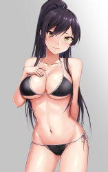 Rule 34 | 1girl, arm behind back, bikini, black bikini, black hair, breasts, cleavage, closed mouth, collarbone, commentary request, contrapposto, cowboy shot, eyes visible through hair, grey background, hair over shoulder, halterneck, hand on own chest, hashi, highres, idolmaster, idolmaster shiny colors, large breasts, long hair, nail polish, navel, ponytail, shirase sakuya, side-tie bikini bottom, simple background, smile, solo, standing, swimsuit, yellow eyes