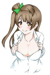 Rule 34 | 10s, 1girl, absurdres, blush, breasts, brown eyes, cleavage, cleavage reach, grey hair, highres, large breasts, long hair, looking at viewer, love live!, love live! school idol project, minami kotori, shiga hanabebu, simple background, smile, solo, upper body, white background