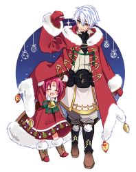 Rule 34 | 1boy, 1girl, arms up, bell, belt, boots, bow, cape, closed eyes, cynphonium, dress, facial mark, fae (fire emblem), fae (winter) (fire emblem), fire emblem, fire emblem: the binding blade, fire emblem awakening, fire emblem heroes, forehead mark, fur trim, long sleeves, mittens, nintendo, open mouth, parted lips, purple hair, red mittens, robin (fire emblem), robin (male) (fire emblem), robin (male) (winter) (fire emblem), short hair, white hair