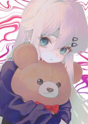 Rule 34 | 1girl, blue eyes, hair ornament, hairclip, highres, long hair, looking at viewer, original, parted lips, solo, stuffed animal, stuffed toy, sweater, tearing up, teddy bear, upper body, white hair, yagiusagi