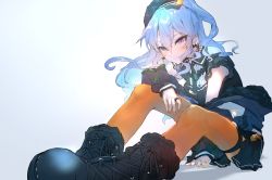Rule 34 | 1girl, absurdres, asymmetrical hair, bad id, bad pixiv id, beret, black footwear, black hat, black shirt, black skirt, blue eyes, blue hair, blue jacket, blush, boots, closed mouth, commentary, cross-laced footwear, full body, grey background, grin, hat, highres, hinata (hinata-ur), hololive, hoshimachi suisei, hoshimachi suisei (streetwear), huge filesize, jacket, jewelry, light blue hair, long hair, looking at viewer, miniskirt, nail polish, off shoulder, official alternate costume, orange nails, orange pantyhose, pantyhose, ring, shirt, side ponytail, simple background, sitting, skirt, smile, solo, star (symbol), star in eye, symbol-only commentary, symbol in eye, thigh strap, virtual youtuber