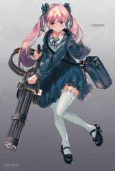 Rule 34 | 1girl, :|, ammunition belt, artist name, bag, barcode, black footwear, buttons, closed mouth, commentary, double-breasted, english text, frilled skirt, frills, full body, gatling gun, gradient background, gun, hair ornament, highres, holding, holding gun, holding weapon, inabi, jacket, knees together feet apart, leg up, long hair, long sleeves, looking at viewer, mary janes, minigun, original, pink hair, red eyes, shoes, shoulder bag, skirt, skirt set, solo, standing, standing on one leg, thighhighs, twintails, watermark, weapon, white thighhighs