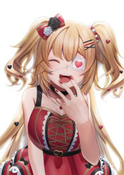 Rule 34 | 1girl, aboreen, akai haato, akai haato (gothic lolita), blonde hair, blush, bow, breasts, closed eyes, commentary, eyepatch, hair bow, hair ornament, hairclip, heart, heart hair ornament, hololive, large breasts, laughing, long hair, nail polish, one eye covered, open mouth, red nails, simple background, solo, teeth, upper body, virtual youtuber, white background