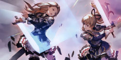 Rule 34 | 10s, 2girls, absurdres, armor, battle, black ribbon, blonde hair, boots, brown eyes, eye contact, female focus, fighting, floating hair, granblue fantasy, hair ribbon, high ponytail, highres, holding, holding sword, holding weapon, katalina (granblue fantasy), long hair, looking at another, minaba hideo, miniskirt, multiple girls, open mouth, pleated skirt, ribbon, sheath, shoulder armor, skirt, pauldrons, sword, sword fight, thigh boots, thighhighs, very long hair, vira (granblue fantasy), weapon
