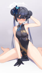Rule 34 | 1girl, absurdres, alternate breast size, arm up, bare shoulders, barefoot, black dress, black gloves, black hair, blue archive, blush, breasts, butterfly hair ornament, buyong22, china dress, chinese clothes, double bun, dress, gloves, grey eyes, hair bun, hair ornament, halo, highres, kisaki (blue archive), medium breasts, pelvic curtain, sitting, sleeveless, sleeveless dress, solo, sweat, thighs, twintails, wariza