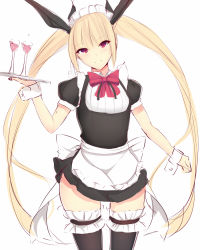 Rule 34 | 1girl, black thighhighs, blazblue, blonde hair, bow, cup, daiaru, drinking glass, hair ribbon, head tilt, long hair, looking at viewer, maid, maid headdress, rachel alucard, red eyes, ribbon, simple background, sketch, skirt, smile, solo, tail, thighhighs, tray, twintails, white background, wine glass, wrist cuffs, zettai ryouiki
