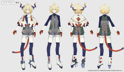 Rule 34 | ahoge, androgynous, blonde hair, blue eyes, boots, capelet, character name, gender request, gloves, grey background, grey shorts, horns, layered stories zero, multiple views, official art, parted lips, purple legwear, red gloves, satantaisei (layered stories zero), short hair, short shorts, shorts, simple background, smile, standing, tassel, thighhighs, watermark, white footwear, yamakawa