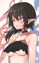 Rule 34 | 1girl, ahoge, asymmetrical wings, bad id, bad pixiv id, bare shoulders, black choker, black hair, breasts, choker, collarbone, colts bone, half-closed eyes, highres, houjuu nue, large breasts, looking ahead, open mouth, pink background, pointy ears, red eyes, revealing clothes, simple background, solo, sweat, touhou, underboob, upper body, white background, wings