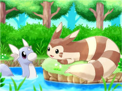Rule 34 | animal focus, artist name, bad id, bad pixiv id, border, bush, creatures (company), day, dratini, eye contact, flower, forest, furret, game freak, gen 1 pokemon, gen 2 pokemon, grass, green eyes, happy, lake, looking at another, lying, nature, nintendo, no humans, on stomach, open mouth, outdoors, outline, partially submerged, pokemon, pokemon (creature), purple eyes, rorosuke, smile, swimming, tree, twitter username, water, white flower