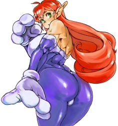Rule 34 | 1girl, animal hands, ass, blue bodysuit, bodysuit, breasts, cat paws, chikuwa (tks), elf, from behind, galaxy fight, green eyes, huge breasts, long hair, looking back, muscular, pointy ears, red hair, roomi, simple background, solo