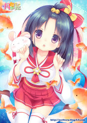 Rule 34 | 1girl, :o, animal, artist name, bangs pinned back, bell, black hair, blush, bow, breasts, brown footwear, commentary request, fish, goldfish, hair bell, hair bow, hair ornament, jingle bell, large breasts, loafers, long hair, long sleeves, looking at viewer, original, parted lips, pleated skirt, purple eyes, rabbit, red bow, red ribbon, red skirt, ribbon, school uniform, serafuku, shirt, shoes, skirt, solo, tareme, thighhighs, tsukishima yuuko, watermark, web address, white shirt, white thighhighs, wide sleeves, yellow bow