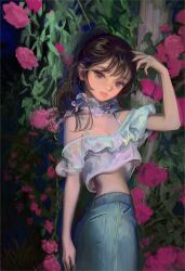 Rule 34 | 1girl, arm behind back, bare shoulders, black hair, blue eyes, blue skirt, breasts, camisole, cleavage, closed mouth, cowboy shot, crop top, crop top overhang, denim, denim skirt, floral background, flower, frilled shirt, frills, from side, hand to head, head tilt, highres, lips, long hair, looking at viewer, midriff, off-shoulder shirt, off shoulder, original, pencil skirt, ponytail, red pupils, shirt, skirt, small breasts, solo, twisted torso, white camisole, wispy bangs, yeono0