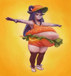 Rule 34 | 1girl, animal ears, armpits, bear ears, blue eyes, blue hair, blunt bangs, breasts, burger, decisivetang, fat, food, full body, furry, hat, jitome, lettuce, navel, obese, orange background, original, outstretched arms, simple background, small breasts, smile, solo, standing, t-pose, thick thighs, thighhighs, thighs, yellow background