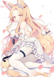 Rule 34 | 1girl, absurdly long hair, animal ear fluff, animal ears, artist name, blonde hair, blue archive, bow, detached sleeves, dress, falling petals, flower, flower wreath, forehead, fox ears, frilled dress, frills, gradient eyes, hair flower, hair ornament, highres, holster, homaderi, long-tailed tit, long hair, looking at viewer, multicolored eyes, no shoes, orange eyes, pantyhose, parted bangs, petals, petticoat, sailor collar, seia (blue archive), sleeves past fingers, sleeves past wrists, solo, striped clothes, striped pantyhose, tail, tail bow, tail ornament, thigh holster, thigh strap, tit (bird), vertical-striped clothes, vertical-striped pantyhose, very long hair, white bow, white dress, white flower, white pantyhose, white sailor collar, yellow eyes