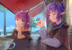 Rule 34 | 2girls, arknights, awning, black jacket, black shirt, blue sky, cloud, commentary, cup, day, demon horns, elbow rest, hibiscus (arknights), highres, horns, index finger raised, jacket, lava (arknights), long sleeves, looking at another, looking at viewer, multiple girls, off-shoulder shirt, off shoulder, open mouth, outdoors, pointy ears, purple eyes, purple hair, shirt, short hair, sky, smile, tree, uzurako, v-shaped eyebrows