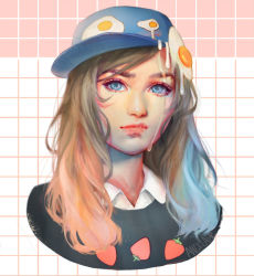 Rule 34 | 1girl, angela he, artist name, blue eyes, blue hat, brown hair, closed mouth, collared shirt, egg, egg yolk, eyelashes, food, fruit, hat, long hair, looking at viewer, original, portrait, realistic, shirt, solo, strawberry, white shirt, wing collar