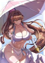 Rule 34 | 1girl, absurdres, arm under breasts, beach umbrella, bikini, breasts, brown hair, cleavage, collarbone, curvy, flower, hair flower, hair intakes, hair ornament, highres, huge breasts, kantai collection, kurage ituki, large breasts, long hair, looking at viewer, official alternate costume, propeller, red eyes, sarong, see-through sarong, sidelocks, smile, solo, swimsuit, umbrella, very long hair, white bikini, wide hips, yamato (kancolle), yamato kai ni (kancolle)