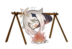 Rule 34 | 0 0, 1girl, blue eyes, bound, campfire, emergency food, fire, genshin impact, long sleeves, mr2d, open mouth, paimon (genshin impact), rope, simple background, solo, tears, tied up (nonsexual), waving, wavy mouth, white background, white hair