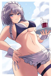 Rule 34 | 1girl, apron, bikini, black bikini, blue eyes, blue sky, blush, border, braid, breasts, cloud, cloudy sky, cowboy shot, cup, drinking straw, embarrassed, frilled apron, frills, glass, grey hair, hand on own hip, hand up, happy ginko, highres, holding, holding tray, izayoi sakuya, large breasts, looking at viewer, maid headdress, medium breasts, navel, open mouth, outdoors, sky, stomach, swimsuit, teeth, thick thighs, thigh strap, thighs, touhou, tray, twin braids, waist apron, white apron, white border, white headdress, white wrist cuffs, wrist cuffs