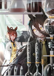 Rule 34 | 2girls, absurdly long hair, agnes tachyon (umamusume), animal ears, beaker, black coat, black hair, black neckwear, blurry, blurry foreground, brown hair, closed mouth, coat, commentary, cup, curtains, erlenmeyer flask, eyelashes, flask, hair between eyes, highres, holding, holding cup, holding flask, horse ears, horse girl, indoors, lab coat, long hair, looking at another, looking back, manhattan cafe (umamusume), mitsunari miyako, monitor, multiple girls, necktie, open mouth, red eyes, round-bottom flask, see-through, short hair, sleeves past fingers, sleeves past wrists, smile, smoke, sweater, test tube, test tube rack, umamusume, upper body, very long hair, white coat, whiteboard, yellow eyes, yellow neckwear, yellow sweater