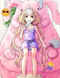 Rule 34 | 1girl, blonde hair, brown eyes, camisole, comeco, cushion, flat chest, food, futaba anzu, hand fan, hot, ice, idolmaster, idolmaster cinderella girls, long hair, low twintails, paper fan, popsicle, shorts, solo, sweat, twintails, very long hair