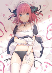 Rule 34 | 1girl, 6u (eternal land), black dress, black panties, black ribbon, blue eyes, blush, breasts, choker, cleavage, closed mouth, clothes lift, collarbone, commentary request, cowboy shot, dress, dress lift, frilled choker, frilled dress, frills, gloves, go-toubun no hanayome, groin, hair ornament, looking at viewer, lying, maid, maid headdress, medium breasts, nakano nino, navel, on back, panties, petals, pink ribbon, puffy short sleeves, puffy sleeves, red hair, ribbon, short hair, short sleeves, side-tie panties, solo, stomach, thighhighs, tongue, tongue out, twitter username, two side up, underwear, white gloves, white thighhighs