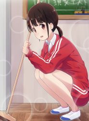 Rule 34 | 1girl, ankle socks, bad id, bad pixiv id, blush, broom, brown eyes, brown hair, collared shirt, commentary request, dress shirt, fingernails, full body, gym uniform, hair ornament, hairclip, highres, holding, holding broom, indoors, jabittoson, jacket, looking at viewer, low twintails, original, red jacket, red shorts, shirt, shoes, short shorts, short twintails, shorts, socks, solo, squatting, teeth, track jacket, twintails, upper teeth only, uwabaki, white footwear, white shirt, white socks, wooden floor