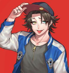 Rule 34 | 1boy, bad id, bad pixiv id, baseball cap, black hair, black shirt, blue eyes, haraodori sp, hat, hat tip, heterochromia, hypnosis mic, jacket, jewelry, letterman jacket, male focus, mole, mole under eye, mole under mouth, open mouth, red background, ring, shirt, simple background, smile, solo, tongue, tongue out, yamada jiro, yellow eyes
